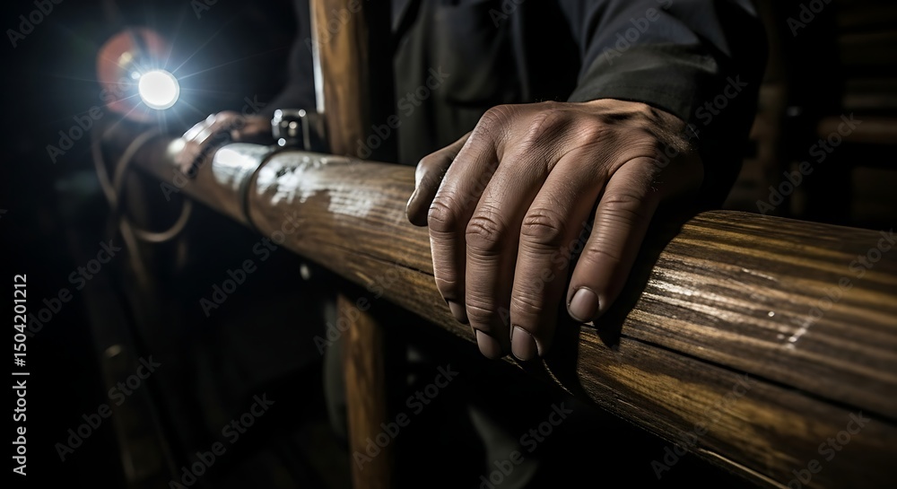 Obraz premium Miner's hands grip wooden beam illuminated by headlamp in dark underground mine shaft