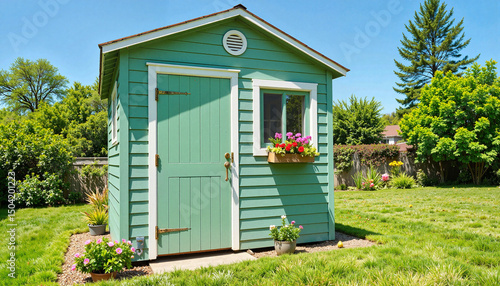 Colorful garden shed with flowers in a bright backyard setting  
