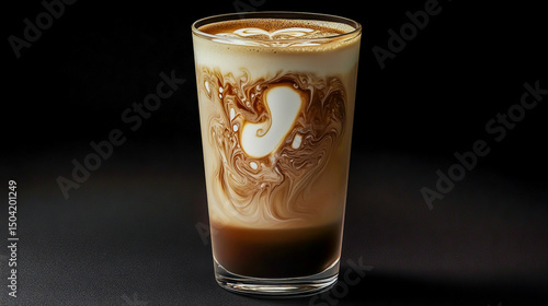 Glass of latte art coffee drink, creamy espresso beverage with artistic foam design