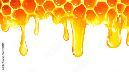 Golden honey dripping from organic honeycomb, natural sweetness with rich texture, perfect for culinary use isolated on white background
