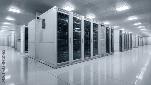 Modern data center room with rows of server racks, illuminated with white lights, on clean white tile floor
