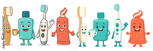 Fun and friendly dental characters gather for a cheerful group moment in a vibrant design showcasing oral hygiene
