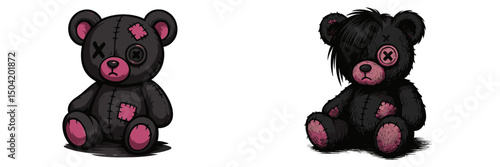 Unique plush bears with a dark design and stitched details displayed on a simple background