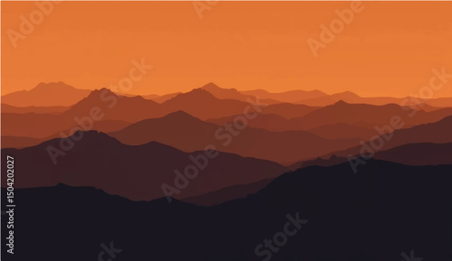 vector illustration of a mountain landscape at sunset. Include multiple layers of mountains in silhouette with varying shades of dark brown and black. The background should feature a large orange sun 