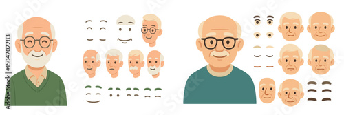 Elderly man with various facial expressions illustrated for character design and emotion representation in animation