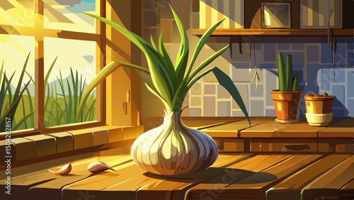 A sprouting garlic bulb rests on a rustic countertop, bathed in warm sunlight. Its fresh green shoots stretch upward, symbolizing growth and simplicity in a natural, cozy kitchen scene.