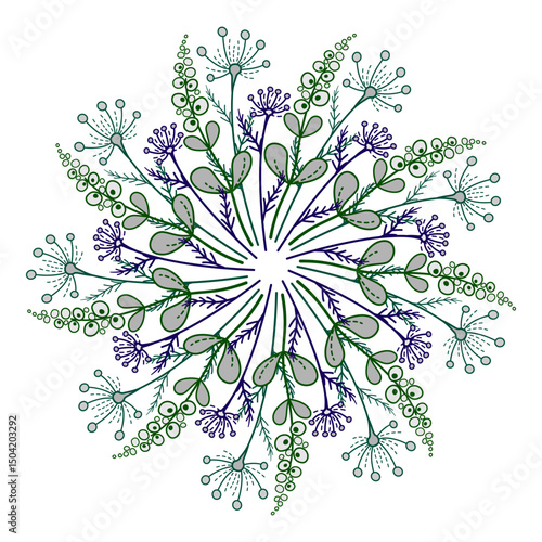 Bouquet of wild flowers and leaves. Colorful floral mandala on white background. Romantic round ornament of calm colors. Doodle graphic design of summer flowers.