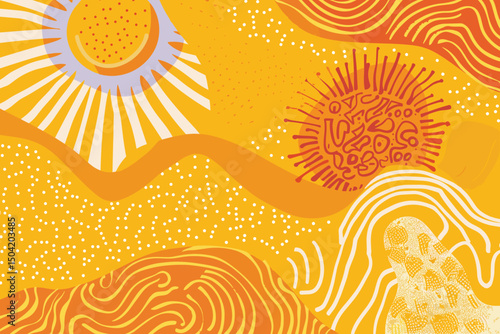 Abstract contemporary aesthetic background with desert, mountains, Sun. Earth tones, burnt orange, terracotta colors. Boho wall decor. Mid century modern minimalist art print. Organic shape Vector