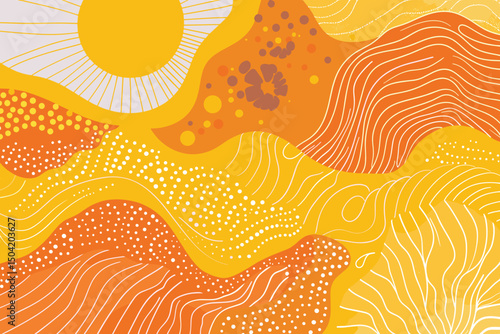 Abstract contemporary aesthetic background with desert, mountains, Sun. Earth tones, burnt orange, terracotta colors. Boho wall decor. Mid century modern minimalist art print. Organic shape Vector