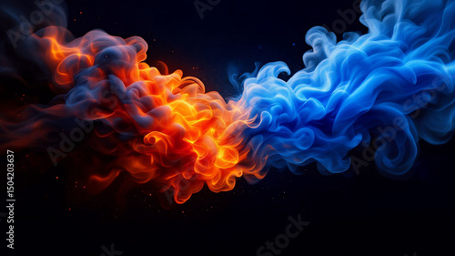 Abstract clash of fire and ice with dramatic smoke effects on black background. Concept of elemental power, energy, and contrast.