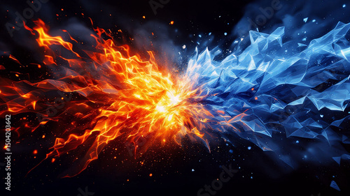 Abstract clash of fire and ice with dramatic smoke effects on black background. Concept of elemental power, energy, and contrast.