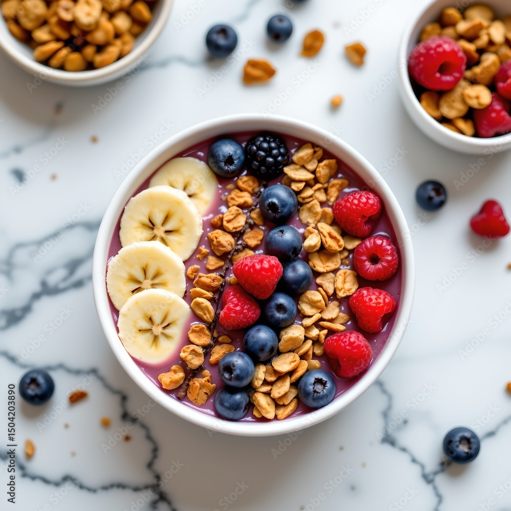 a table with three bowls of yogurt parfait, each with layers of yogurt, granola, raspberries, blueberries, banana slices, and nuts a table with three bowls of yogurt parfait, each with layers of yogurt, granola, raspberries, blueberries, banana slices, and nuts