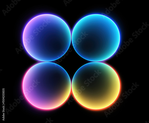 Neon Glowing Four-Circle Icon with Gradient Effect on Black Background – Translucent Symmetrical Abstract Design in Purple, Blue, and Yellow Hues