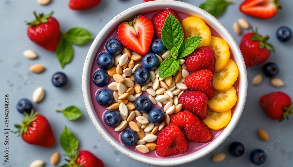 this is a vibrant and healthy looking image featuring a bowl of fruit and nut yogurt with berries, nuts, and a sprig of mint on to this is a vibrant and healthy looking image featuring a bowl of fruit and nut yogurt with berries, nuts, and a sprig of mint on to