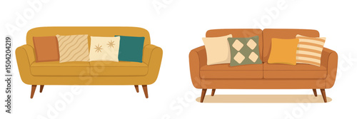 Colorful and stylish contemporary sofas arranged with decorative cushions in a modern living space