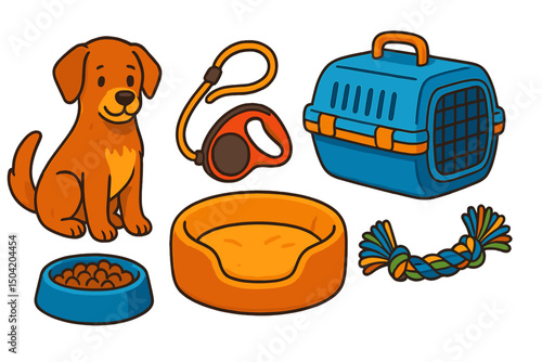 Dog accessories and essentials arranged neatly with a happy puppy on display in a cozy indoor setting