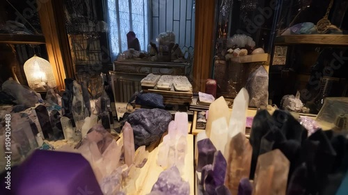 Assortment of colorful crystal formations displayed on shelves in a shop, perfect for geology enthusiasts and collectors.