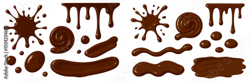 Chocolate splatters and drizzles create artistic patterns on a white background