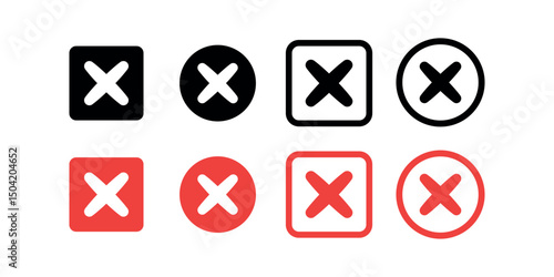 Flat cross symbol set inside a circle or square. Simple illustration vector design. Black and red colors.