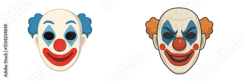 Clown masks displayed side by side showcasing contrasting expressions for festive celebrations and performances
