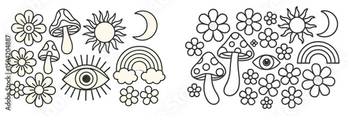 Colorful nature illustrations featuring flowers, mushrooms, and celestial elements in a whimsical design