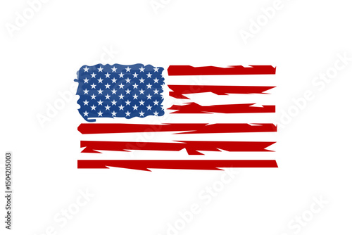 A stylized illustration of a distressed, tattered American flag. This rugged, torn USA flag vector graphic is isolated on a white background for design.