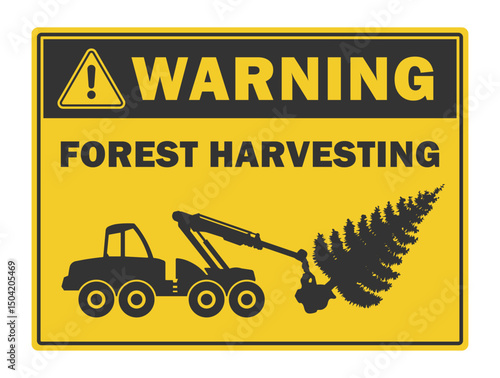 Forest harvesting warning. Log harvester icon symbol Shape. Timber logger machine logo sign. Woodworking industry. Vector illustration image. Isolated on white background.