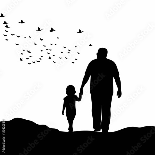 A black vector silhouette of a father holding his child's hand