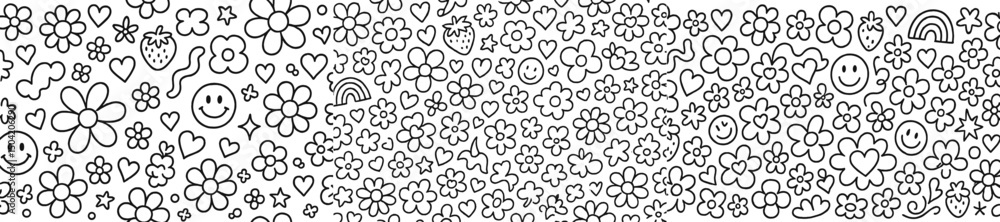 Fototapeta premium Colorful pattern of playful doodles featuring flowers, smiles, and hearts on a white background in a whimsical style