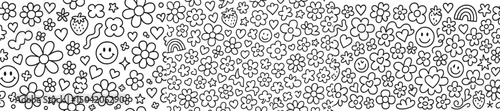 Colorful pattern of playful doodles featuring flowers, smiles, and hearts on a white background in a whimsical style