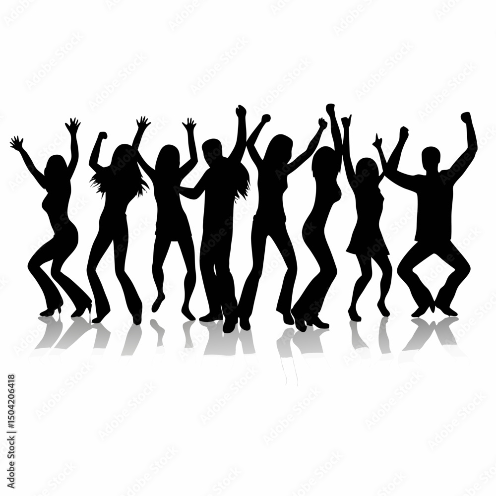 Fototapeta premium Black vector silhouettes of dancing people illustrate a fun party group