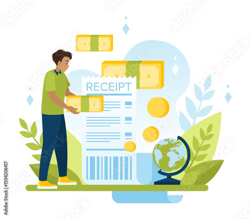 A cash receipt is a confirmation of payment. Storing payment data for all transactions. Careful and economical attitude to money and expenses. Economy. Flat vector illustration in cartoon style