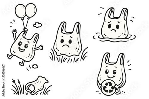 Creative illustrations of a playful plastic bag on adventures and challenges in different settings