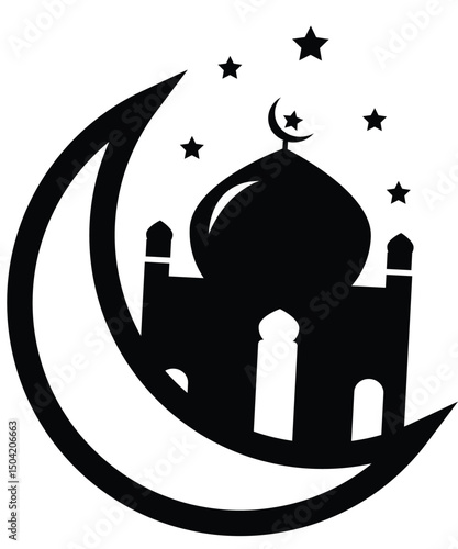 Islamic Mosque Silhouette with Crescent Moon and Stars – Vector Illustration