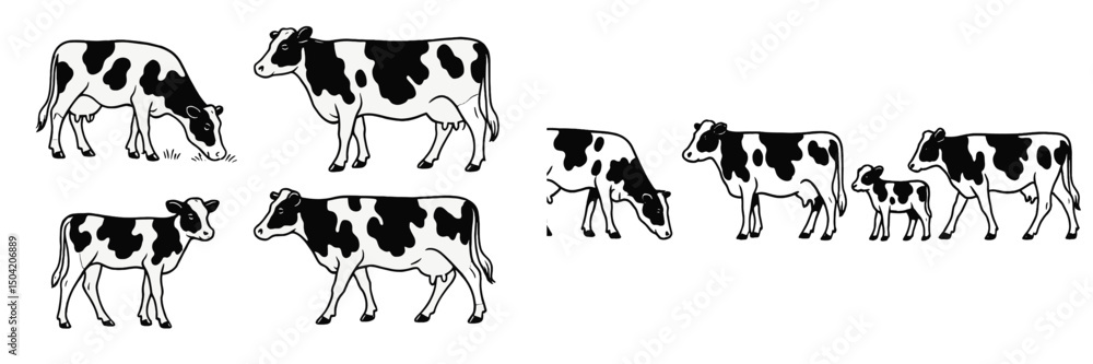 Fototapeta premium Black and white cows grazing in a green pasture during a sunny afternoon on a farm