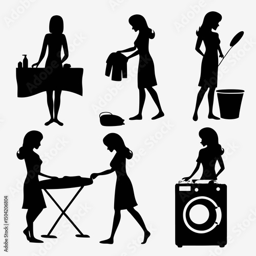 Daily Chores Silhouette: Six silhouettes of a woman gracefully navigating the demands of daily domestic tasks, depicting her dedicated efforts in creating a well-managed home.