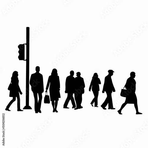 Urban Silhouette: Silhouetted figures navigate a crosswalk against the backdrop of an urban environment, illustrating the rhythm of daily life. 