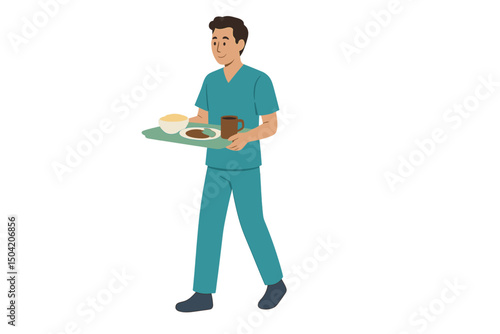 Man in scrubs carrying a tray with food and drinks in a healthcare environment during daytime