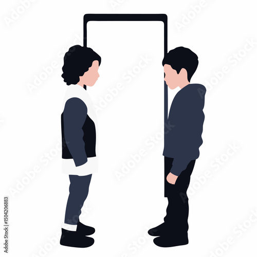 Digital divide: A poignant illustration captures two children, separated by a digital divide, the stark contrast mirroring modern isolation and communication gap.