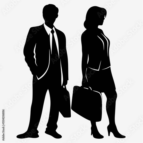 Business Silhouette: A modern monochromatic depiction of a businessman and businesswoman against a backdrop, embodying professionalism and ambition.