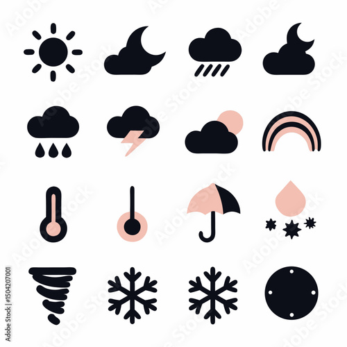 Weather Icon Set: A vector icon set displaying symbols of various weather conditions, including sunshine, rain, snow, and wind.