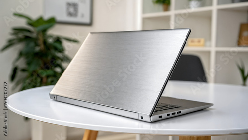 Silver laptop on a white round table in a modern office setting with a plant and shelving unit in the background