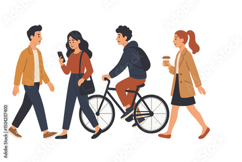 Young people socializing on a city street while one rides a bicycle and others walk or check their phones