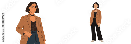 Stylish woman in a brown blazer and black pants posing confidently against a plain background