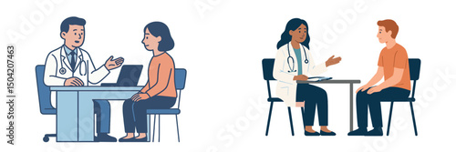 Healthcare consultations occur in a professional environment with doctors meeting patients for advice and treatment discussions