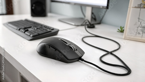 Close-up of a black computer mouse with a scroll wheel on a white desk with a keyboard, monitor, and speaker in the background