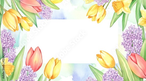 Wallpaper Mural A vibrant springtime watercolor illustration of a rectangular frame blossoming with tulips, daffodils, and lilacs, celebrating the season of renewal with fresh pastel hues  Torontodigital.ca