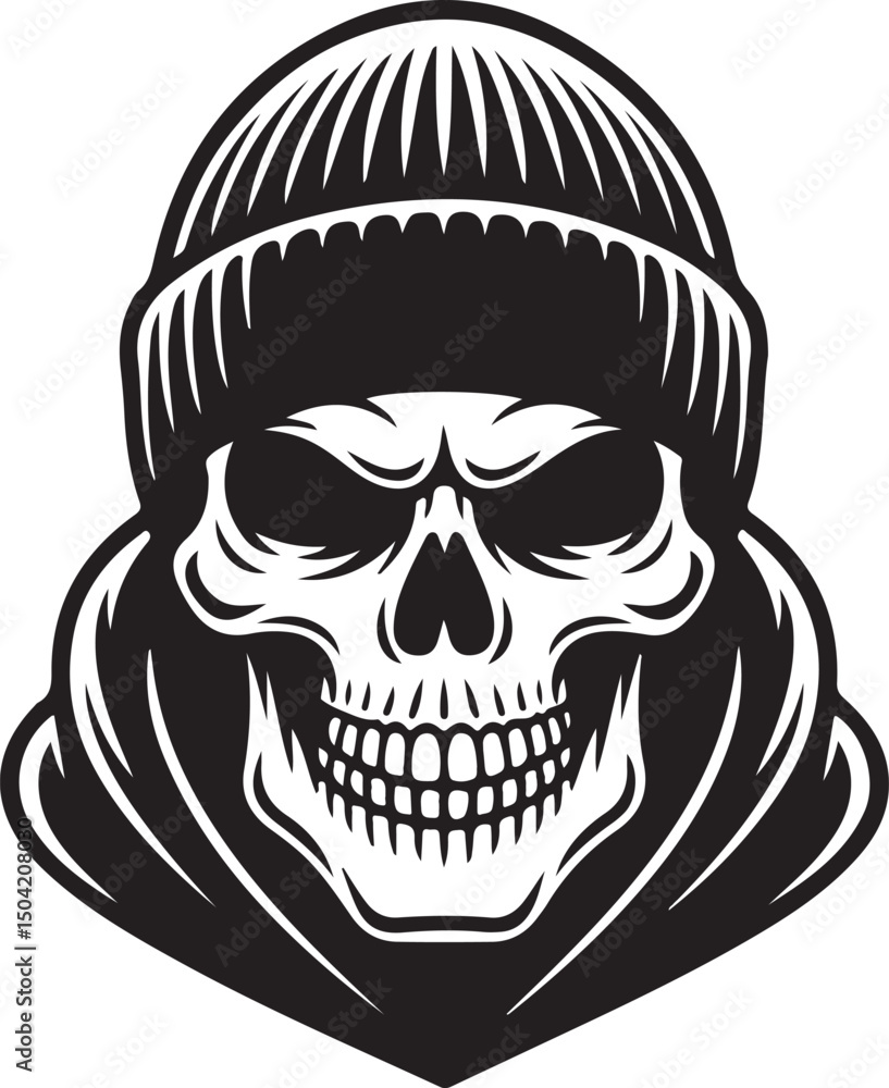 Fototapeta premium Skull in Beanie and Hoodie – Grunge Streetwear Skull Vector Illustration | Detailed Illustration of a Grim Skull Wearing a Beanie and Hoodie