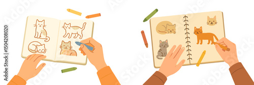 Creative drawing of various cats in sketchbooks during a fun artistic afternoon