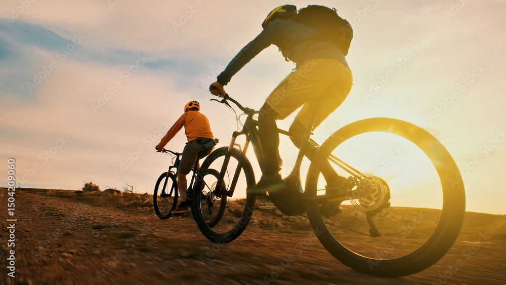 Fototapeta premium Two helmeted cyclists ride off-road bikes on a dirt trail at sunset. A close-up shot highlights their speed and freedom, showcasing the exhilaration of off-road biking.